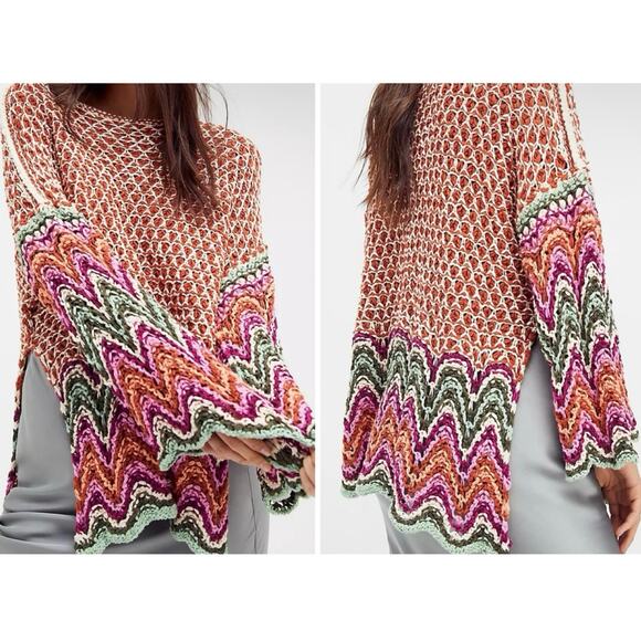 Free People Sweaters - Free People Heatwave Pullover Crochet Boho Hippie Chevron Colorful Sweater - Sml